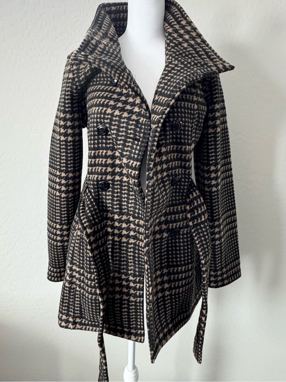 Sebby Black Brown Double Breasted Houndstooth Belted Coat